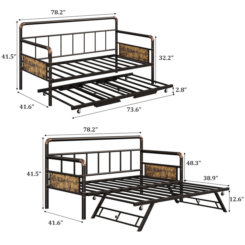Daybed With Trundle,Twin Daybed With Pop Up Trundle Set,Metal Twin Bed Frame With Steel Slat Support, Brown