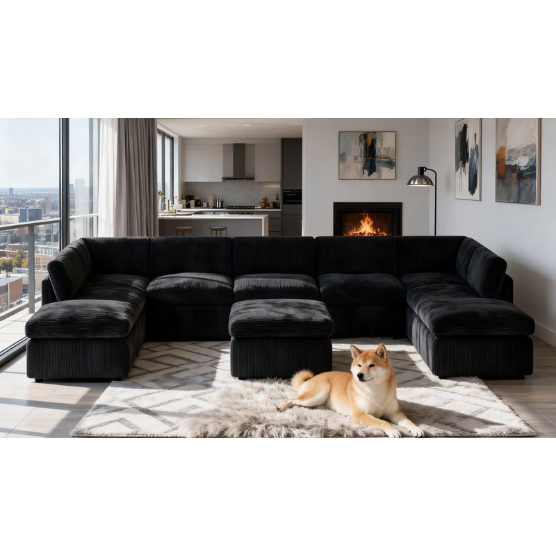 Arfsten Anagel 160'' Wide Symmetrical Modular Corner Sectional with Ottoman, Black Corduroy
