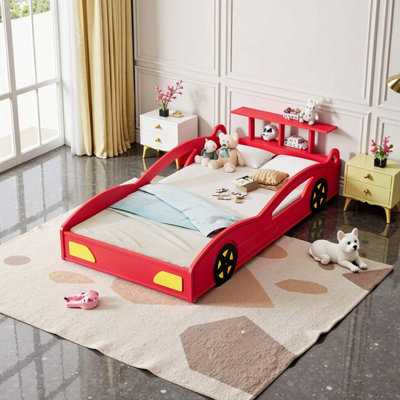 Lit de voiture de course en bois rouge et jaune - Taille simple avec rails de rangement et de sécurité pour les adolescents