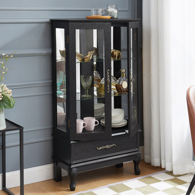 Vitrine lumineuse avec portes vitrées et tablettes réglables Vitrine vitrée 2 portes avec lumières DEL Finition et tiroir noir pour la décoration intérieure et le rangement