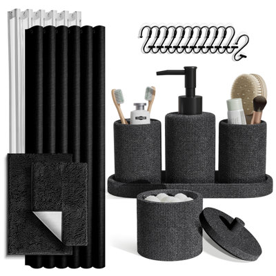 Clara Clark 21-Piece Bathroom Accessory Set with Shower Curtain, Liner, Hooks & Chenille Bath Rugs