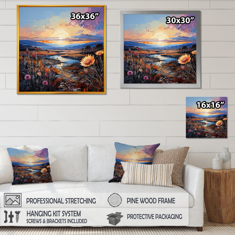 «Thistle Flower Field Sunset I», reproduction sur toile, Cadre simple noir, H 36 po x l 36 po x P 1,5 po