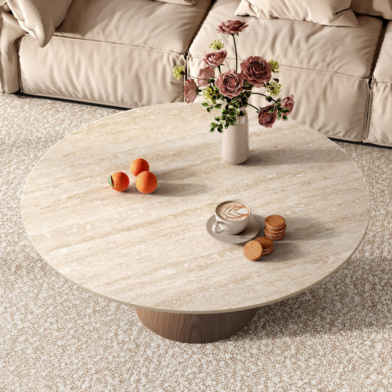 Table basse Mid-Century, Travertin mat / noyer foncé, H 17,2 po x l 35 po x P 35 po