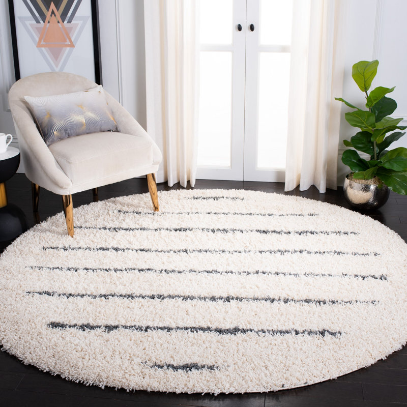 Tapis rayé ivoire / gris foncé Siragan, Rond 5 pi 3 po