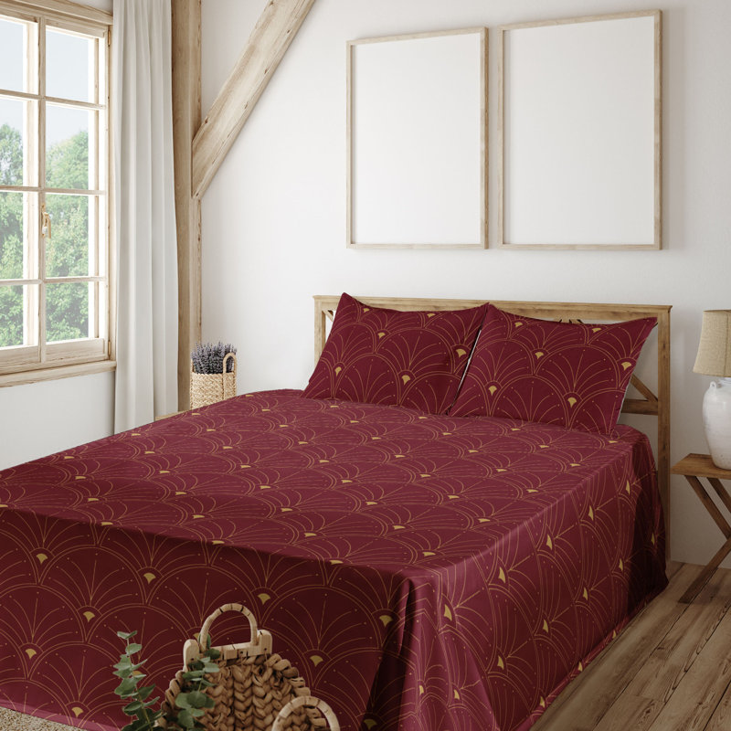Microfiber Sheet Set, King Sheet Set with 2 Pillowcases, Burgundy/Sand Brown Geometric