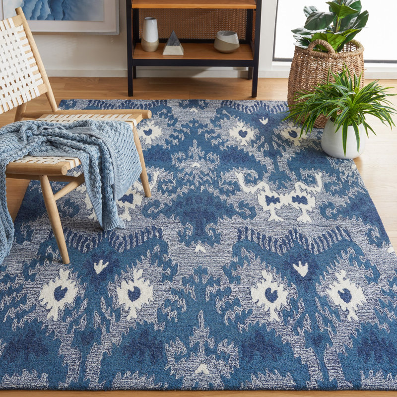 Ikat Hand Tufted Wool/Cotton Ikat Rug in Blue/Ivory, Rectangle 8' x 10'