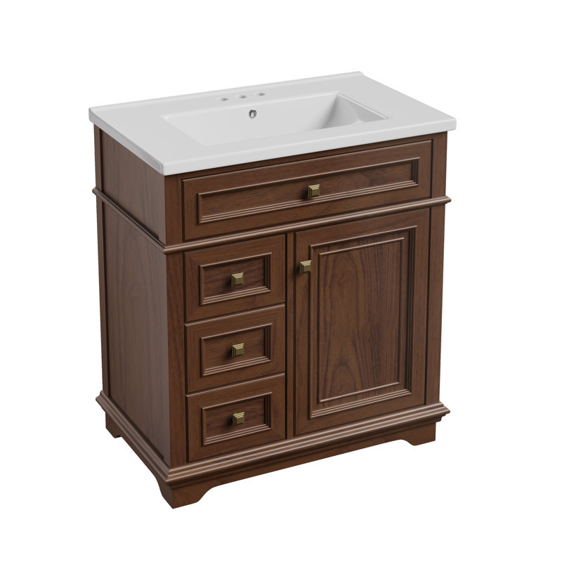 Meuble-lavabo sur pied simple 30 po avec comptoir en céramique et lavabo intégré, Cerisier,  30" 