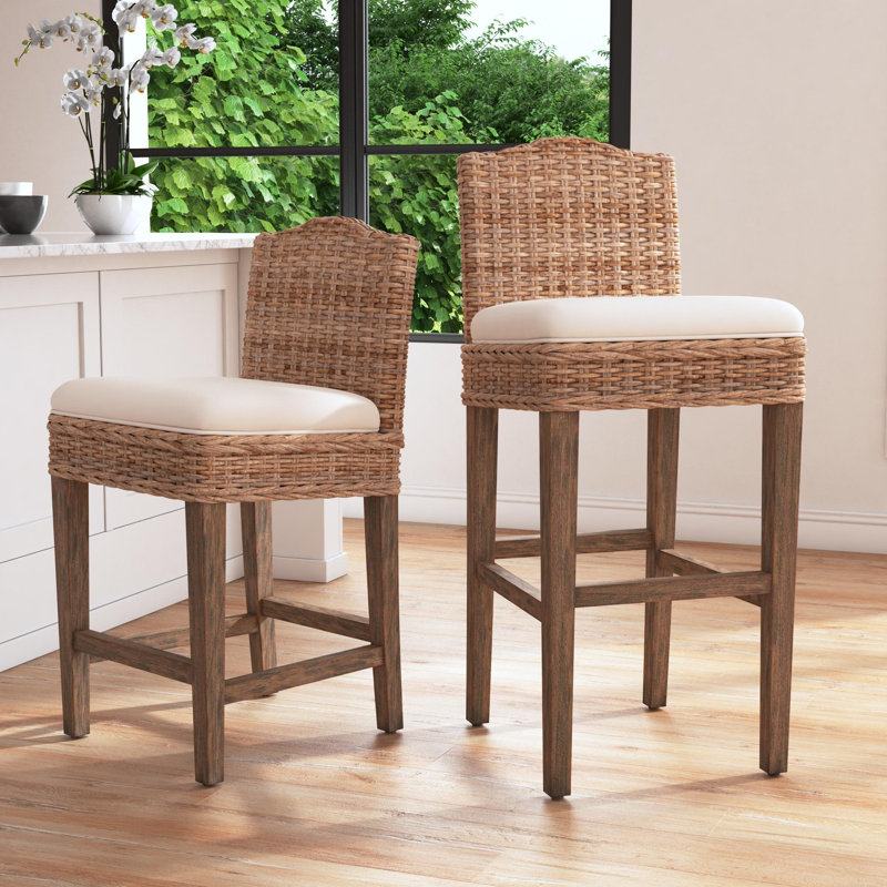 Kogan Rattan and Solid Wood Upholstered Stool, Counter Stool (25" Seat Height)