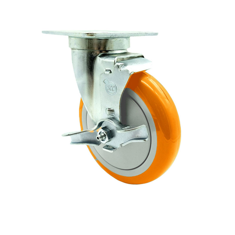 SCC - Roulettes pivotantes en polyuréthane orange avec frein de 5 po x 1,25 po - 350 lb / roulette