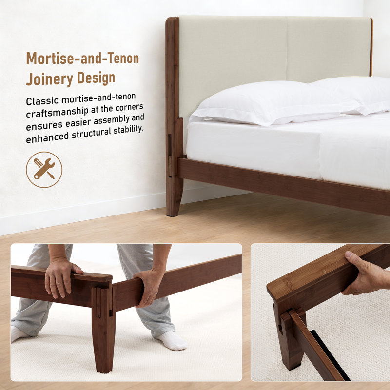 Natural Bamboo Mortise-and-tenon Upholstered Bed, Walnut, King