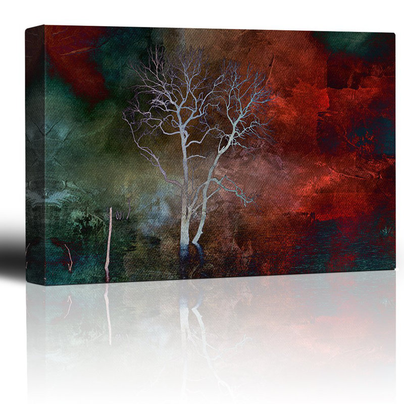 Arbre solitaire sur une peinture à l'aquarelle rouge et bleu sarcelle, H 24 po x l 36 po x P 1,5 po