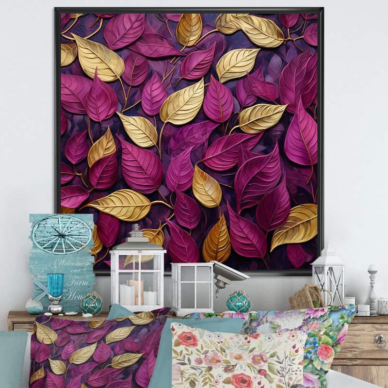 Feuilles dorées et roses charmantes I, Cadre flottant noir, H 30 po x l 30 po x P 1 po