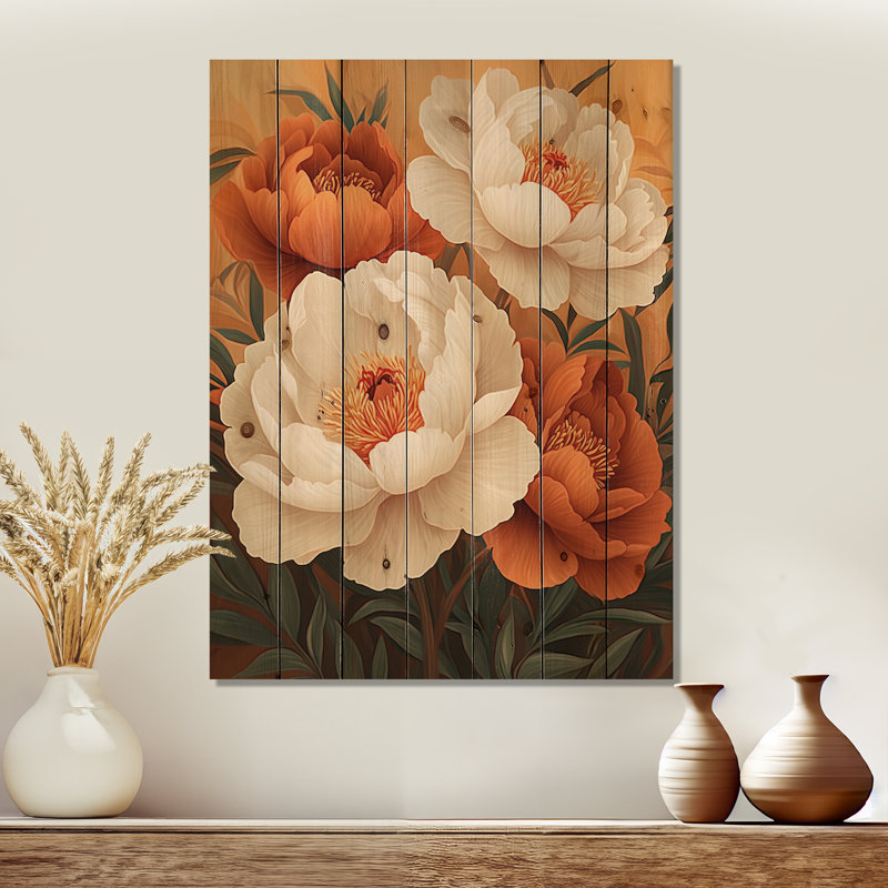 Pivoines, fleurs de terre brunes - art mural en bois de pivoines - sur bois de pin naturel, H 20 po x l 10 po x P 0,78 po