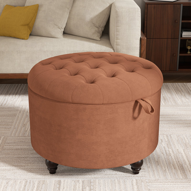 Button-Designed Upholstered Ottoman With Storage, Orange