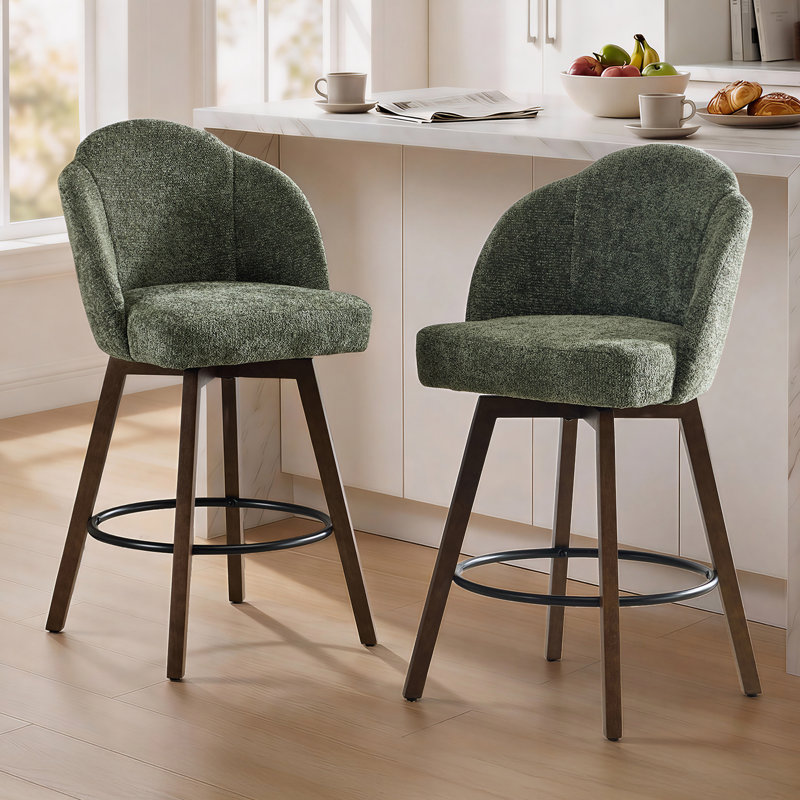 27" Upholstered Swivel Counter & Bar Stools with Large Seat, 360° Swivel Kitchen Island Chairs with Solid Wood Legs, Olive Green Chenille, Set of 2