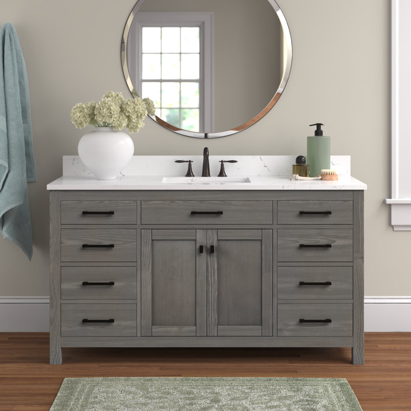 Meuble-lavabo simple 60 po Ajiya, Gris texturé, Blanc de Carrare