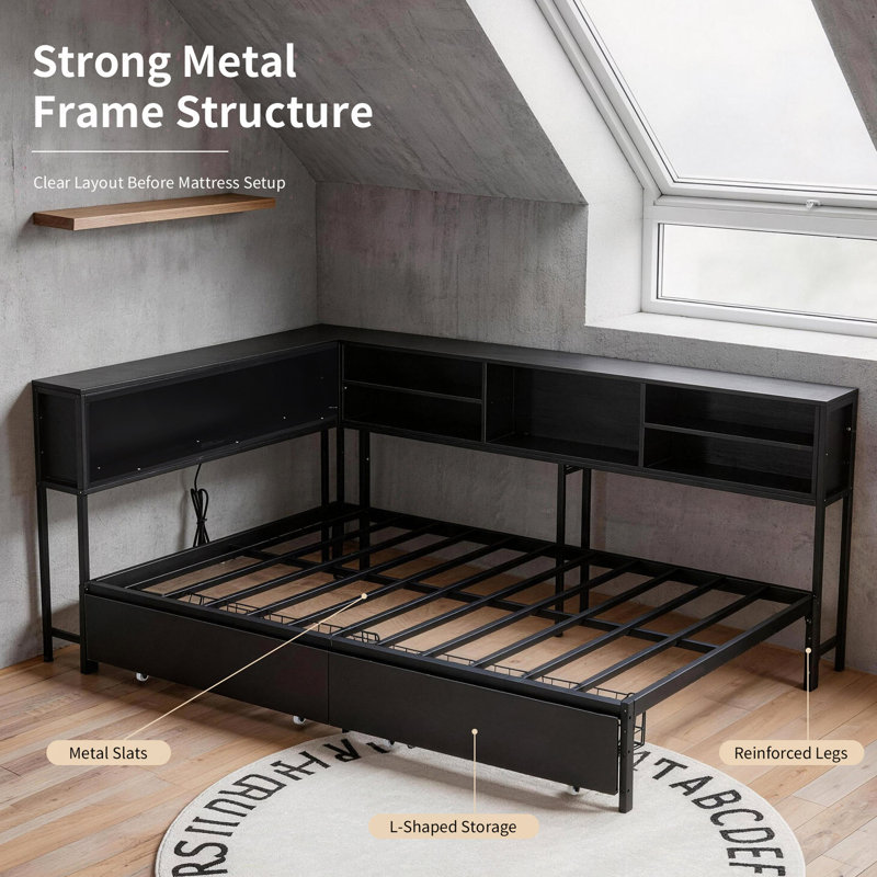 Structure de lit d'angle avec bibliothèque de rangement, lit de jour double avec lumières DEL et 2 tiroirs, lit plateforme en métal avec tête de lit et station de charge