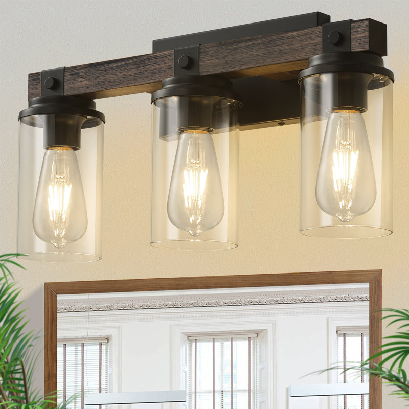 Edgware 3-Light Dimmable Wooden Bathroom Vanity Light with Clear Glass Shade, 3