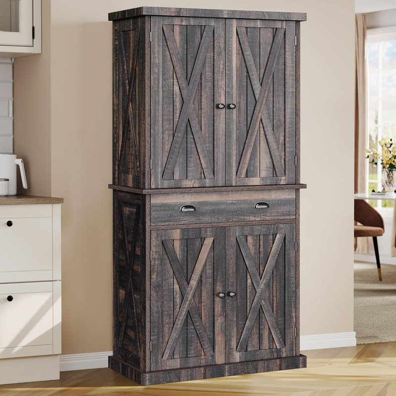 Grand garde-manger de style campagnard avec tablettes réglables, armoires de rangement avec portes et tiroir, armoire autoportante pour la cuisine, la salle à manger et le salon