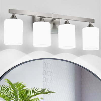 Éclairage pour salle de bain 4 lumières en nickel brossé argenté avec abat-jour en verre givré