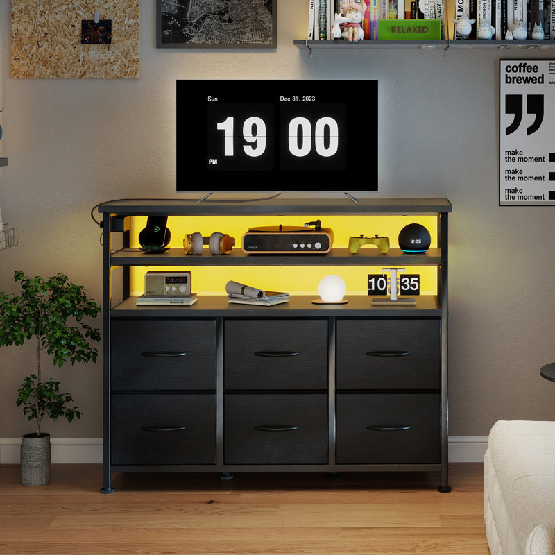 6 Fabric Drawers Dresser with Open Shelves, TV Stand with LED Lights and Charging Station, Entertainment Center, Media Console Table