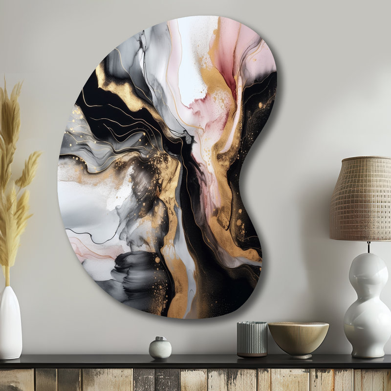 «Black Gold Marble Splash I», impression abstraite asymétrique en métal sur métal, sculpture murale en métal Freeform