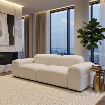 Modular Minimalist White Sectional Sofa, Modern Low Profile Upholstered Couch for Living Room Contemporary Home Decor