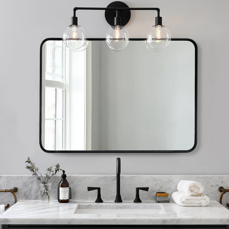 Miroir de salle de bain moderne et arrondi rectangulaire | Structure en U en acier inoxydable, Noir mat, 36 po x 30 po