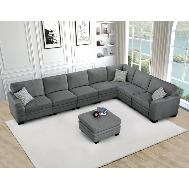Canapé modulaire en L à compression Lareese faisant face à la droite, Velours côtelé gris foncé