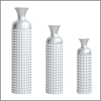 Ensemble de 3 vases en métal argenté, vases embossés semi-artisanaux emboîtés, centres de table décoratifs modernes pour la maison, le sol, le salon, le foyer et non imperméable