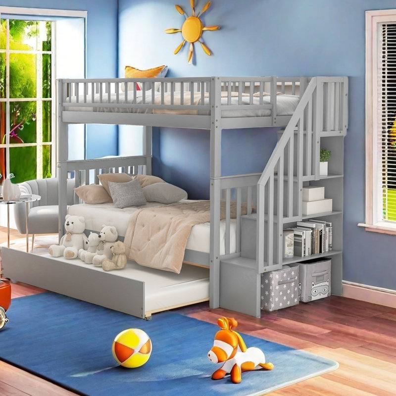 Twin Over Twin Bunk Bed With Trundle And Storage, Gray