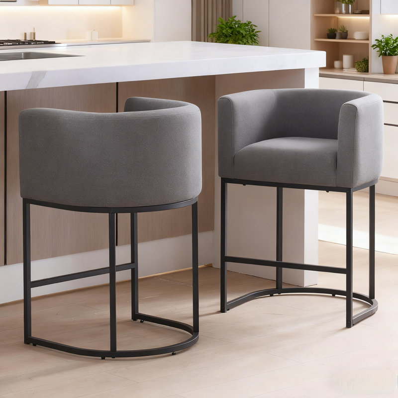 27" H Counter Height Barrel Bar Stools Set of 2, Black, Dark Gray