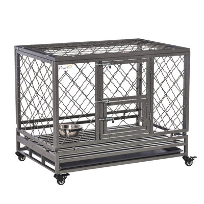 Parc pour chien robuste avec cage et cage en métal avec roues verrouillables, plateau coulissant, bol à nourriture et portes doubles, L 36,6 po