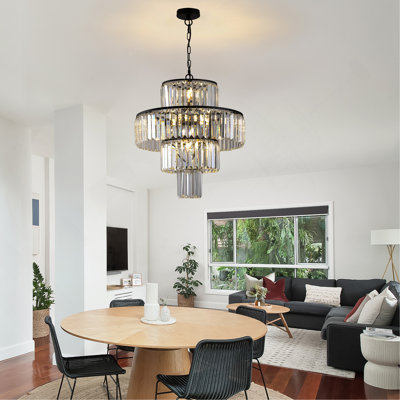 Lustre en cristal moderne de 20 po avec finition noire, conception à 4 niveaux pour la salle à manger ou le salon, luminaire suspendu en cristal élégant (ampoule non incluse)