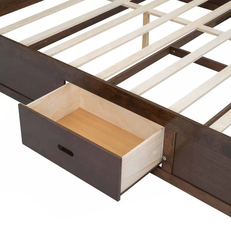 Lit plateforme très grand en bois avec tête de lit multi-rangement, USB et tiroirs, Tan