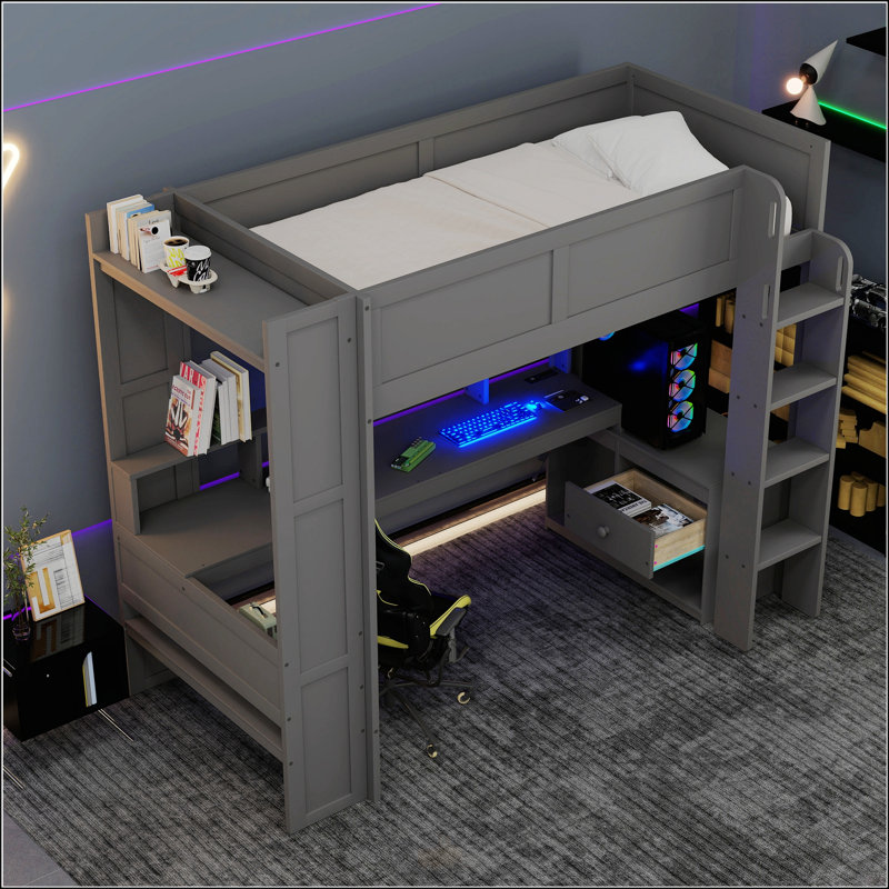 Lit mezzanine simple en bois avec bureau, Lit simple