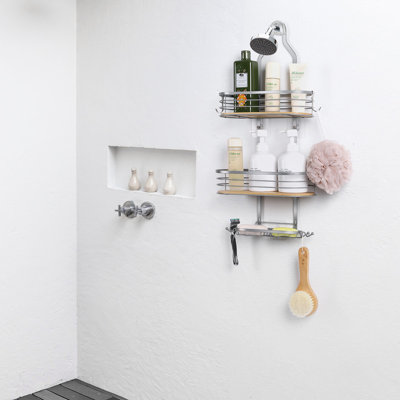 Panier de rangement suspendu en acier inoxydable et bambou - Organisateur de douche au-dessus de la tête avec crochets et ventouses