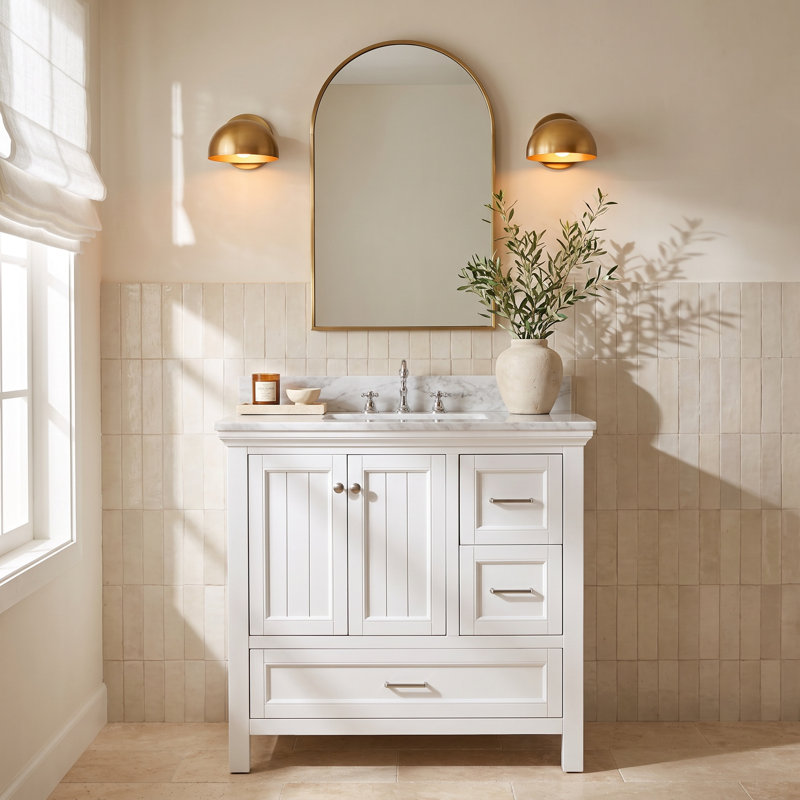 Maven 36" Single Bathroom Vanity Set with White Cabinet and Carrara Marble Countertop, White