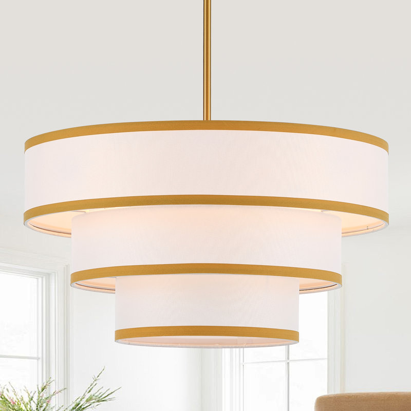 4-Light Modern Drum Linen Chandelier, Gold, 3 Tiers, 4 Lights