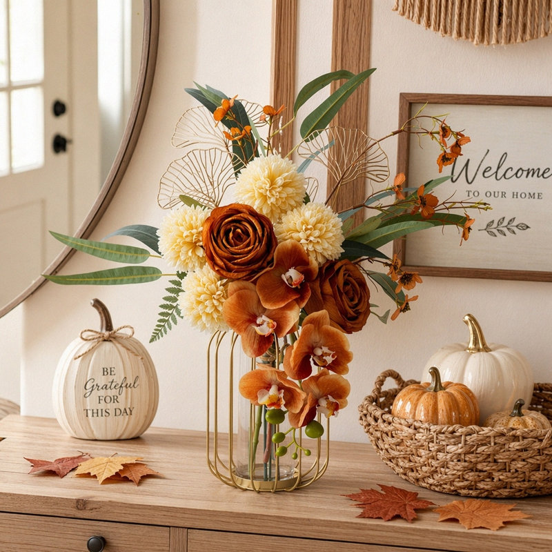 Faux fleurs d'automne dans un vase, fausses fleurs dans un vase, arrangement floral d'automne, centres de table d'automne, fleurs artificielles, décor de cuisine, décor de table basse