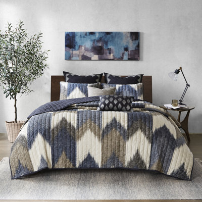 Courtepointe en coton bleu marine double / grand - 3 pièces, motif imprimé, revers uni, taies décoratives passepoilées, literie facile d'entretien cassée, détails, respirant