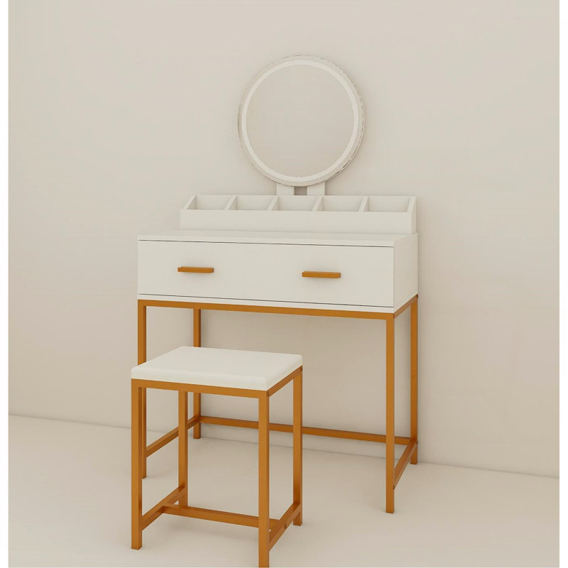Ensemble de coiffeuse avec miroir et tabouret - coiffeuse de maquillage avec tiroirs de rangement et organisateur, blanc et doré, conception peu encombrante pour les petites chambres