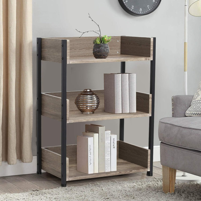 Chrystin 30“ H x 23” W Iron Etagere Bookcase 3 Shelf Open Shelf Storage Bookcase, Light Brown/Black