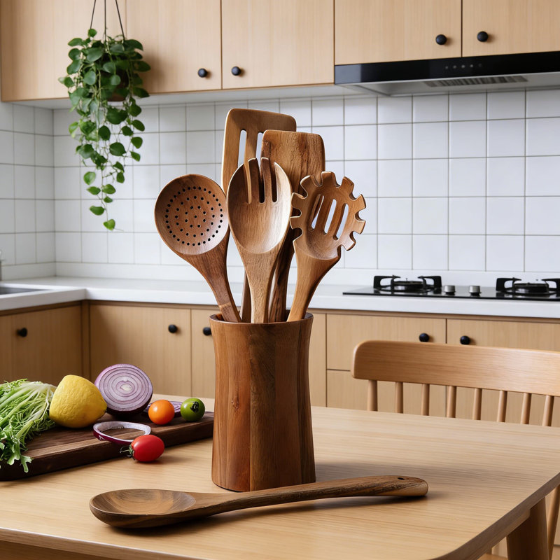 Ensemble d'ustensiles de cuisine 7 pièces en bois d'acacia avec support - cuillères en bois naturel, spatule, cuillère à tamis, fourchette à salade et support de rangement pour la cuisson et le service