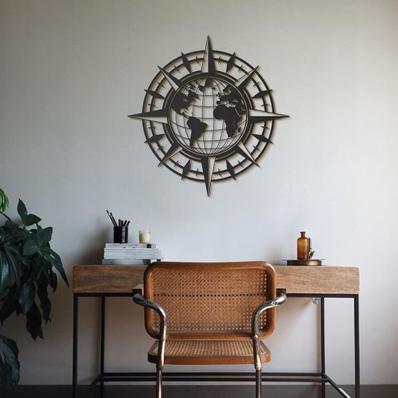 Compass and World Map Metal Wall Decor, 27" H x 27" W x 1" D