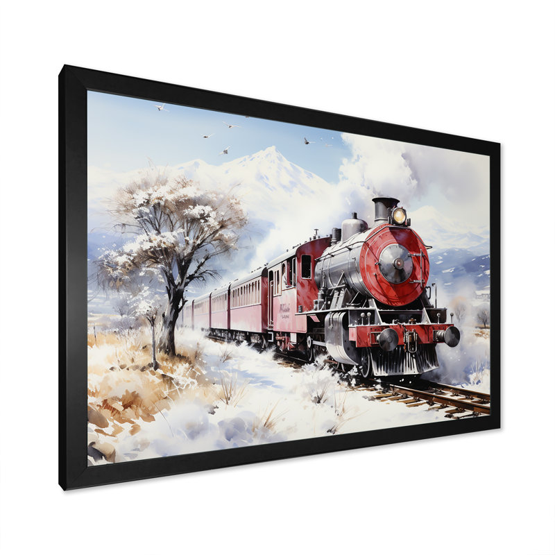 Rouge et blanc, magnifique train de campagne - train, art mural, Cadre d'angle fermé noir, H 16 po x l 32 po x P 1 po