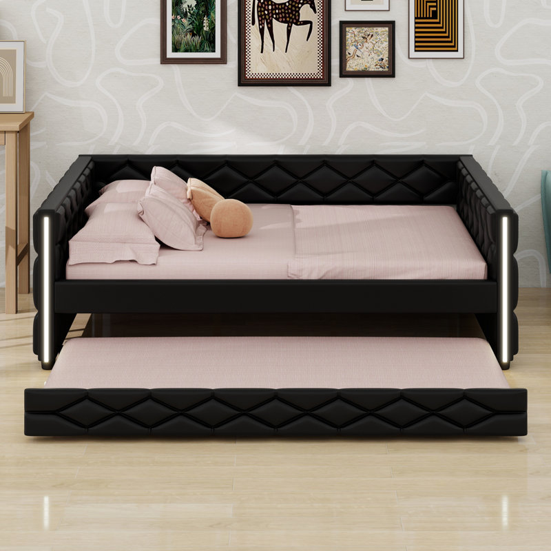 Upholstered Daybed with Trundle and  LED, Perfect for Guest Rooms, Black