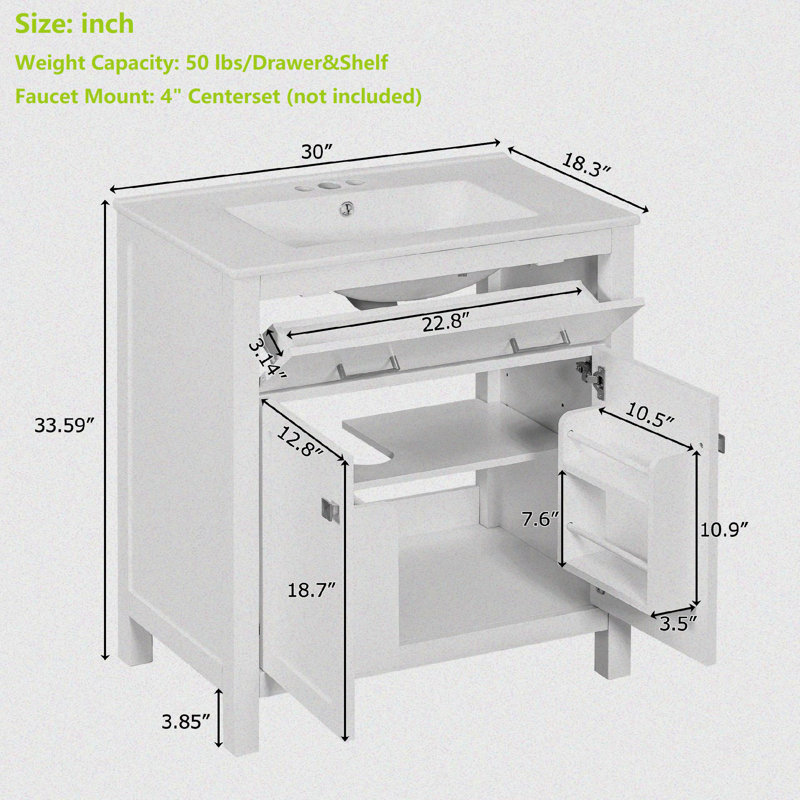 Delmetric 30'' Single Bathroom Vanity with Ceramic Sink Top, 2 Doors and 1 Shelf, Soft Close design, Green