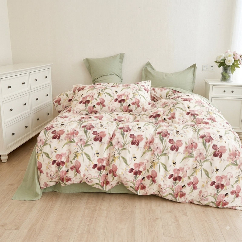 Ensemble de couette 7 pièces en coton naturel Blooming Glowed Floral, format King, Très grand lit