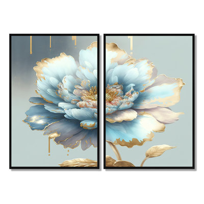 «Chic Blue Blooming Flower IV», art mural floral sur toile 2 pièces